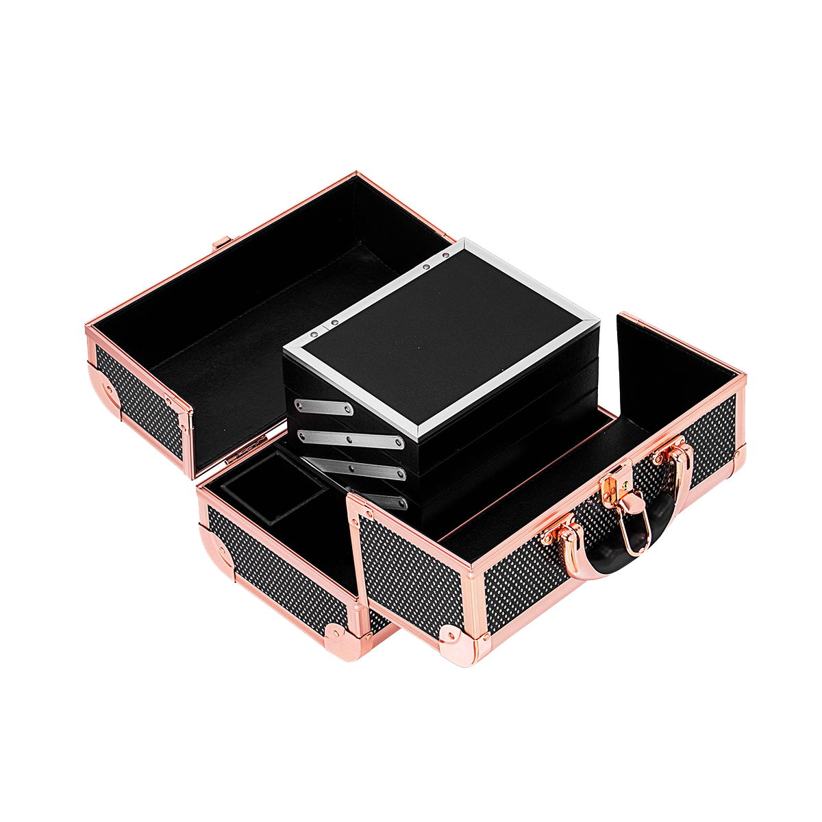 Професионален куфар за грим с огледало LUX Black Rose Glitter