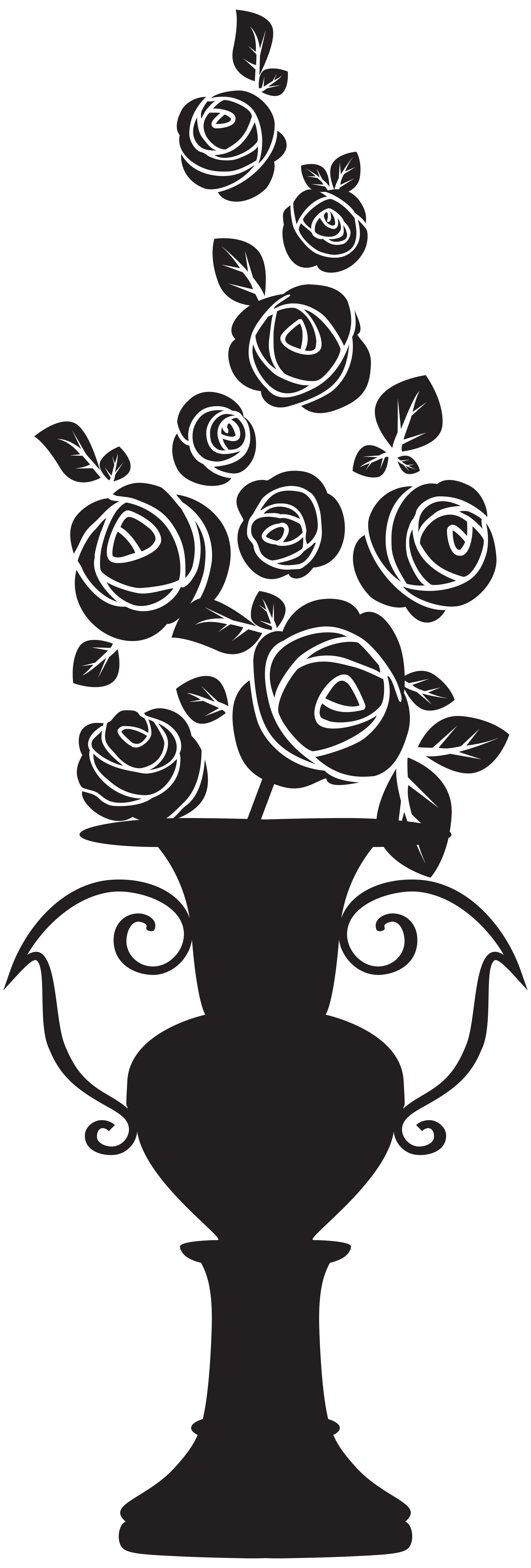 Silhouette Drawing Clip art - Vase with Roses Silhouette ... - Black and White Rose Painting