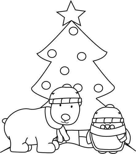 Black and White Polar Bear Penguin and Christmas Tree