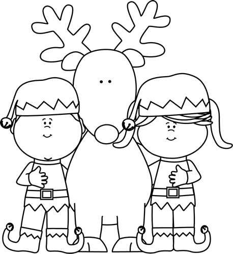 Black and White Elves with a Reindeer Clip Art  Black and